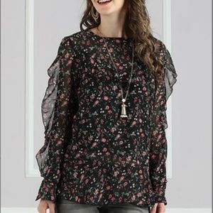 Black Floral Chiffon Ruffle-Trim